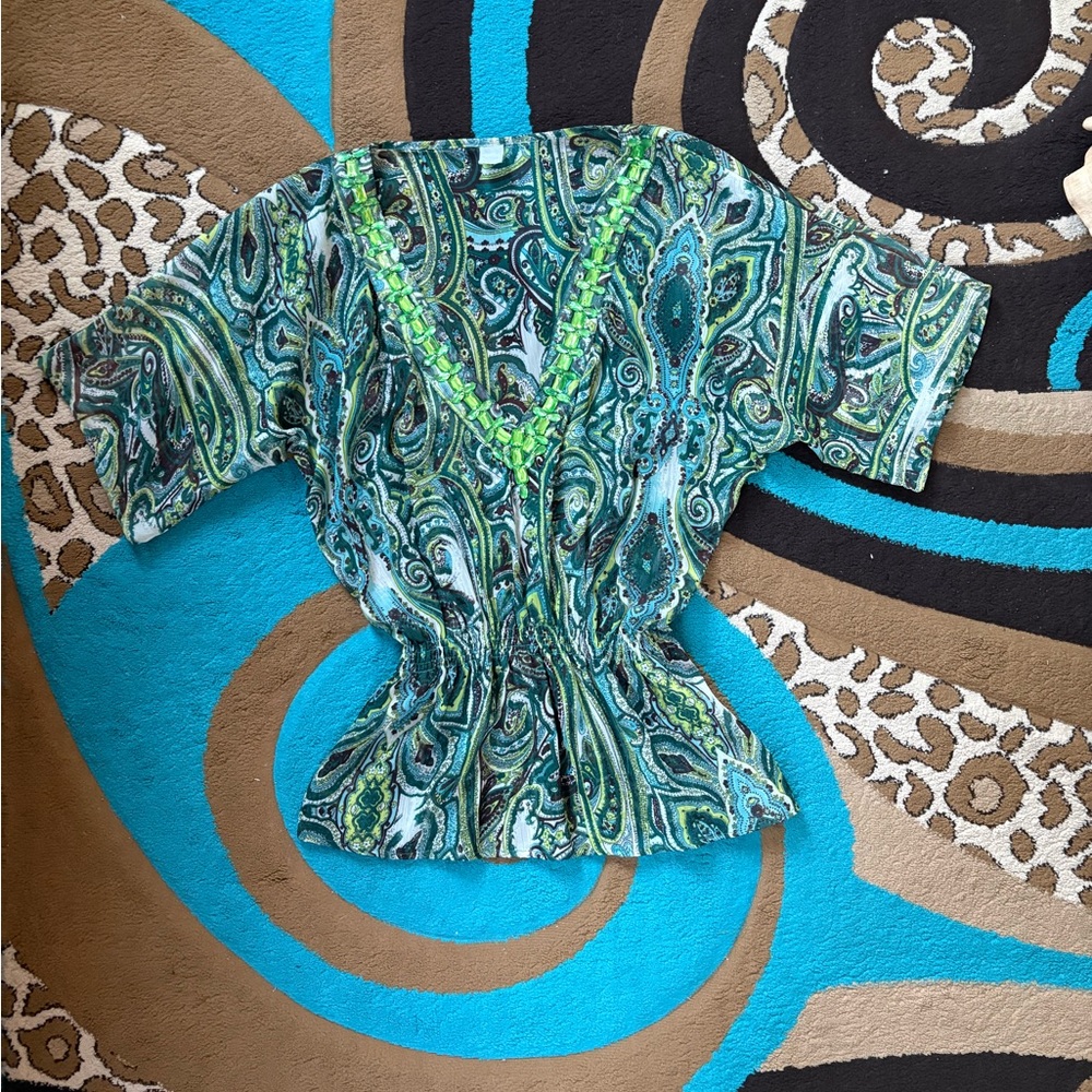 Sheer Paisley V-Neck Women's Top - Green Blue & White